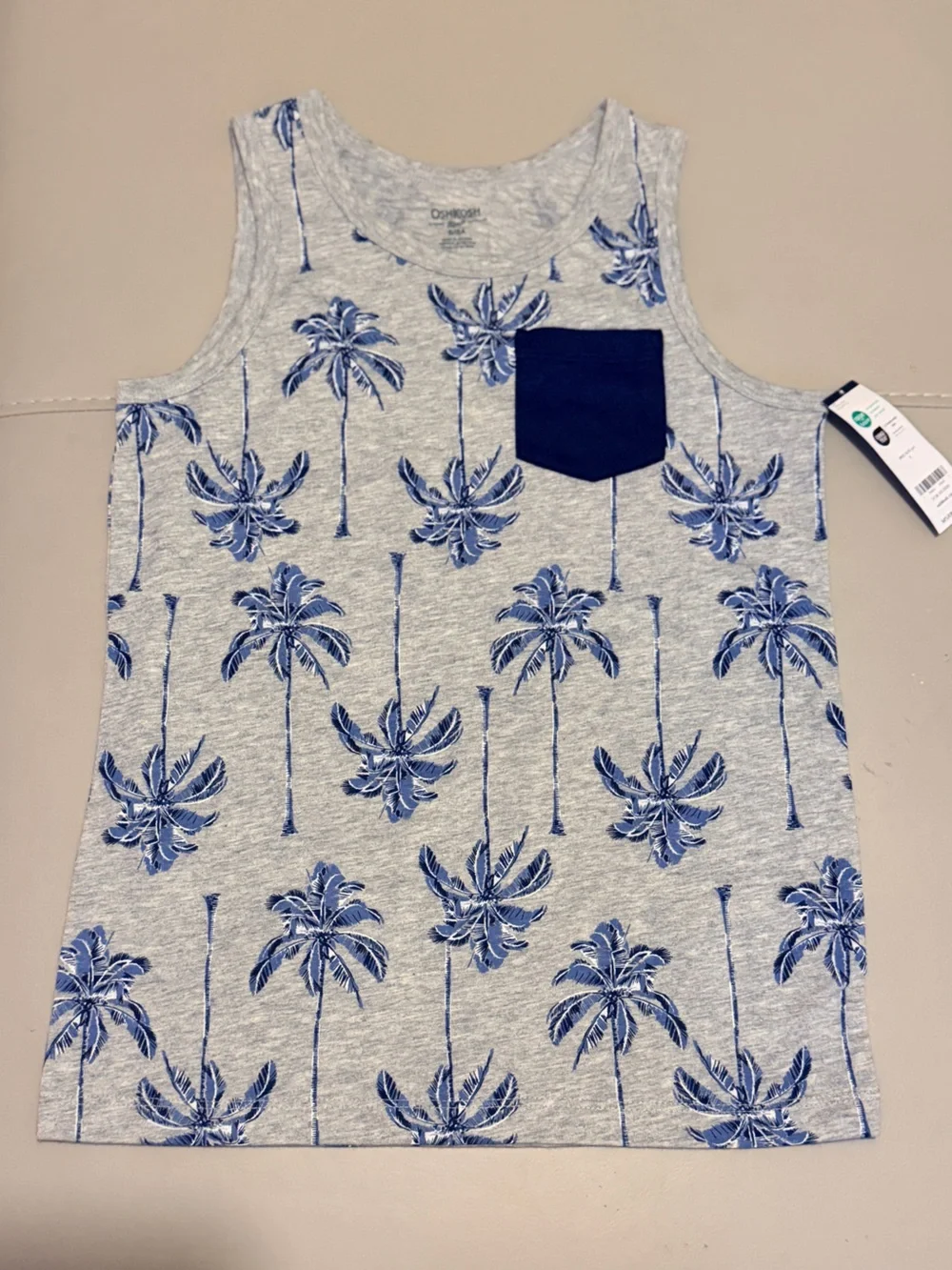 OshKosh B'gosh Heather Gray Tank with Blue Palm Print and Navy Pocket